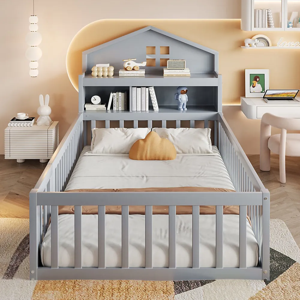 Lit enfant 90x200 cm - Lit simple avec rangement et cadre maison en bois massif avec protection contre chute - Sans matelas - Gris>Okwish Hot