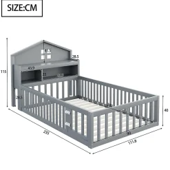 Lit enfant 90x200 cm - Lit simple avec rangement et cadre maison en bois massif avec protection contre chute - Sans matelas - Gris><noscript><img width=