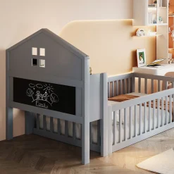 Lit enfant 90x200 cm - Lit simple avec rangement et cadre maison en bois massif avec protection contre chute - Sans matelas - Gris><noscript><img width=