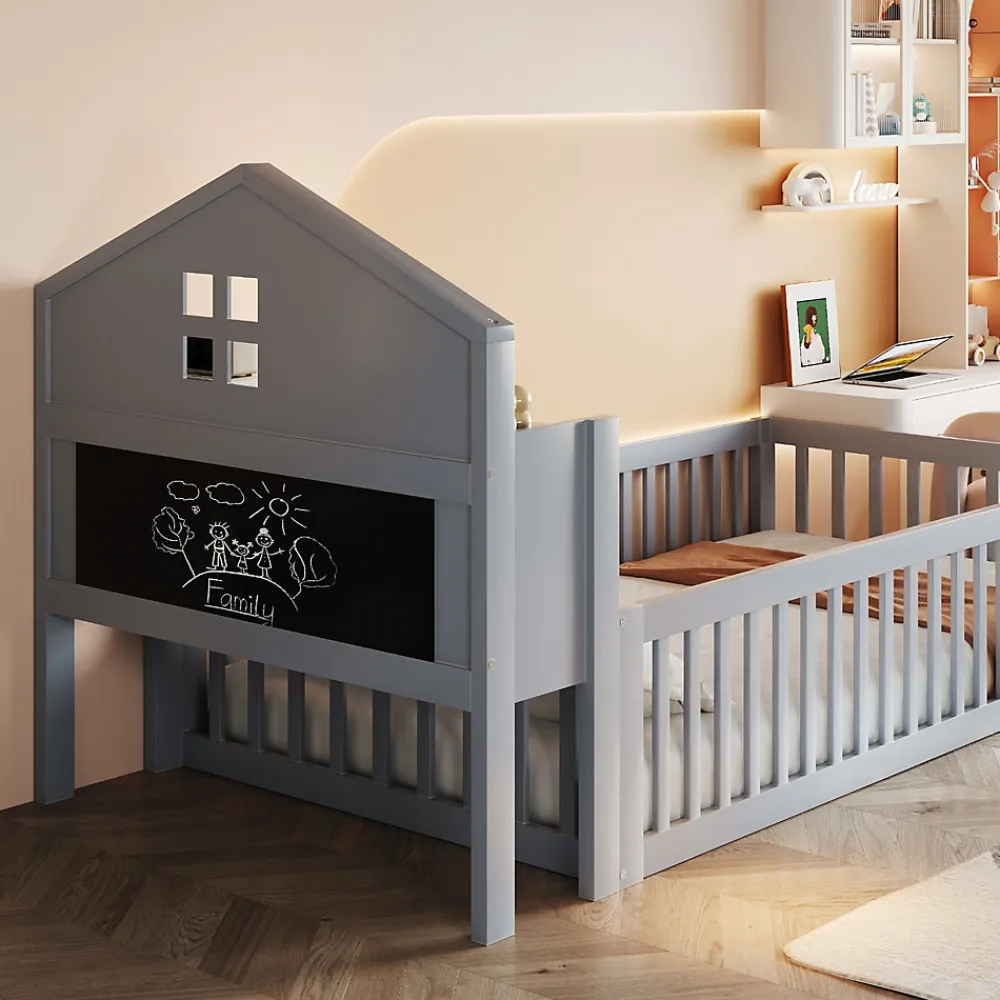 Lit enfant 90x200 cm - Lit simple avec rangement et cadre maison en bois massif avec protection contre chute - Sans matelas - Gris>Okwish Hot