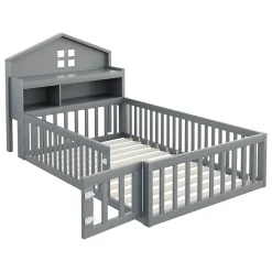 Lit enfant 90x200 cm - Lit simple avec rangement et cadre maison en bois massif avec protection contre chute - Sans matelas - Gris><noscript><img width=
