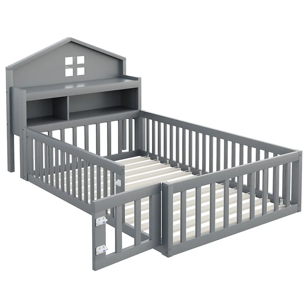 Lit enfant 90x200 cm - Lit simple avec rangement et cadre maison en bois massif avec protection contre chute - Sans matelas - Gris>Okwish Hot