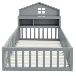 Lit enfant 90x200 cm - Lit simple avec rangement et cadre maison en bois massif avec protection contre chute - Sans matelas - Gris><noscript><img width=