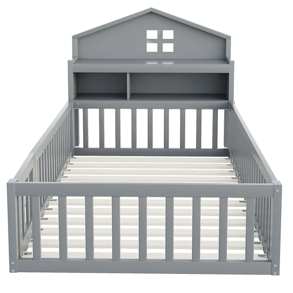 Lit enfant 90x200 cm - Lit simple avec rangement et cadre maison en bois massif avec protection contre chute - Sans matelas - Gris>Okwish Hot
