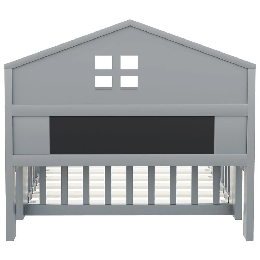 Lit enfant 90x200 cm - Lit simple avec rangement et cadre maison en bois massif avec protection contre chute - Sans matelas - Gris>Okwish Hot