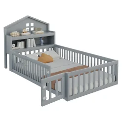 Lit enfant 90x200 cm - Lit simple avec rangement et cadre maison en bois massif avec protection contre chute - Sans matelas - Gris><noscript><img width=