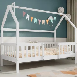 Lit Enfant 90x200 cm - Lit Simple Design Cheminée pour Petit Espace - Sans Matelas - Bois de Pin Blanc>Okwish Clearance