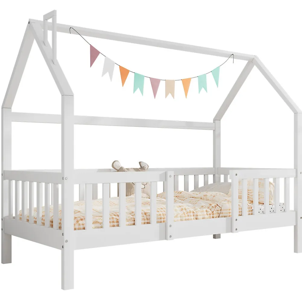 Lit Enfant 90x200 cm - Lit Simple Design Cheminée pour Petit Espace - Sans Matelas - Bois de Pin Blanc>Okwish Clearance