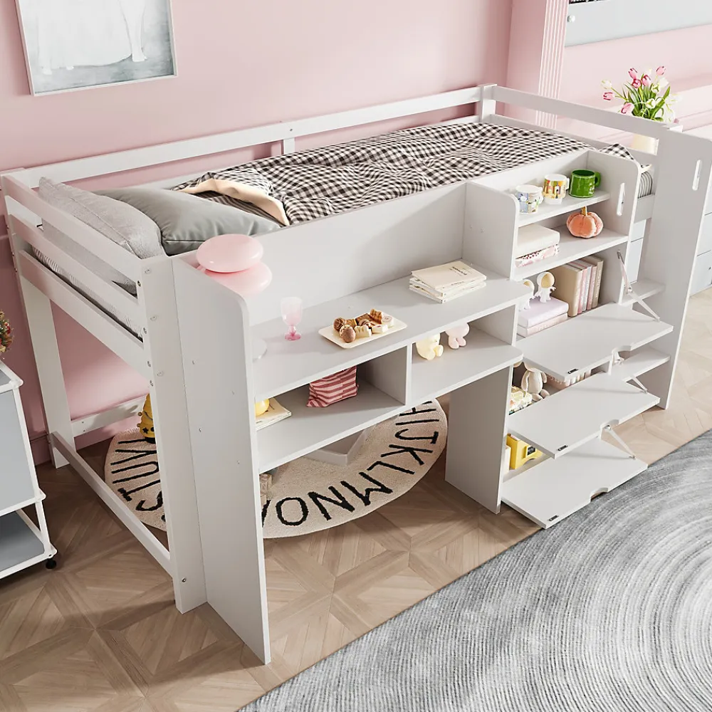 Lit enfant 90x200 cm - Lit simple Mi-Hauteur avec Cabane et Multiples Espaces de Rangement Pratiques - Bois Pin MDF - Blanc>Okwish Discount