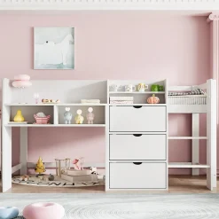 Lit enfant 90x200 cm - Lit simple Mi-Hauteur avec Cabane et Multiples Espaces de Rangement Pratiques - Bois Pin MDF - Blanc>Okwish Discount