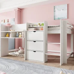 Lit enfant 90x200 cm - Lit simple Mi-Hauteur avec Cabane et Multiples Espaces de Rangement Pratiques - Bois Pin MDF - Blanc><noscript><img width=