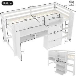 Lit enfant 90x200 cm - Lit simple Mi-Hauteur avec Cabane et Multiples Espaces de Rangement Pratiques - Bois Pin MDF - Blanc><noscript><img width=