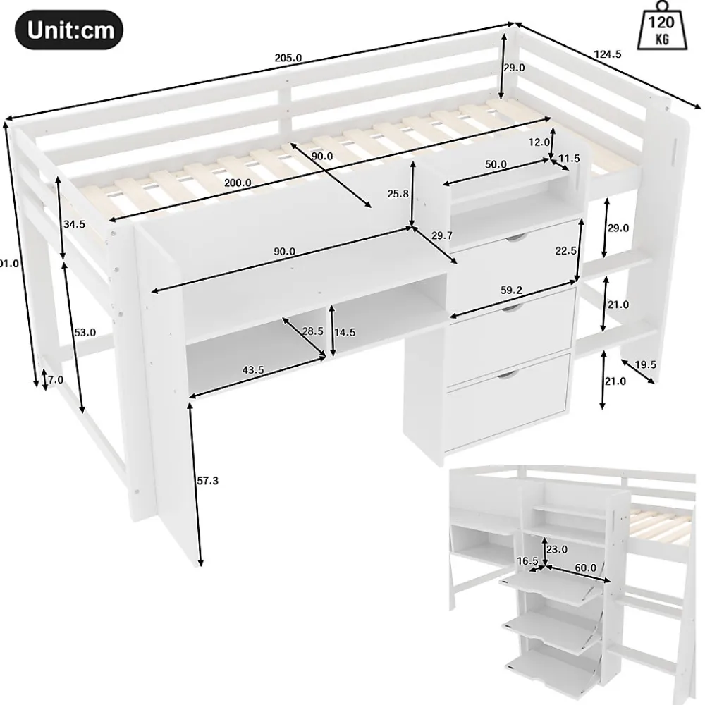 Lit enfant 90x200 cm - Lit simple Mi-Hauteur avec Cabane et Multiples Espaces de Rangement Pratiques - Bois Pin MDF - Blanc>Okwish Discount