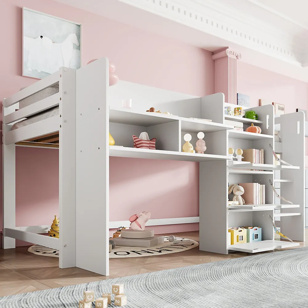 Lit enfant 90x200 cm - Lit simple Mi-Hauteur avec Cabane et Multiples Espaces de Rangement Pratiques - Bois Pin MDF - Blanc>Okwish Discount