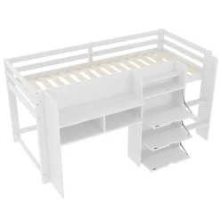 Lit enfant 90x200 cm - Lit simple Mi-Hauteur avec Cabane et Multiples Espaces de Rangement Pratiques - Bois Pin MDF - Blanc><noscript><img width=