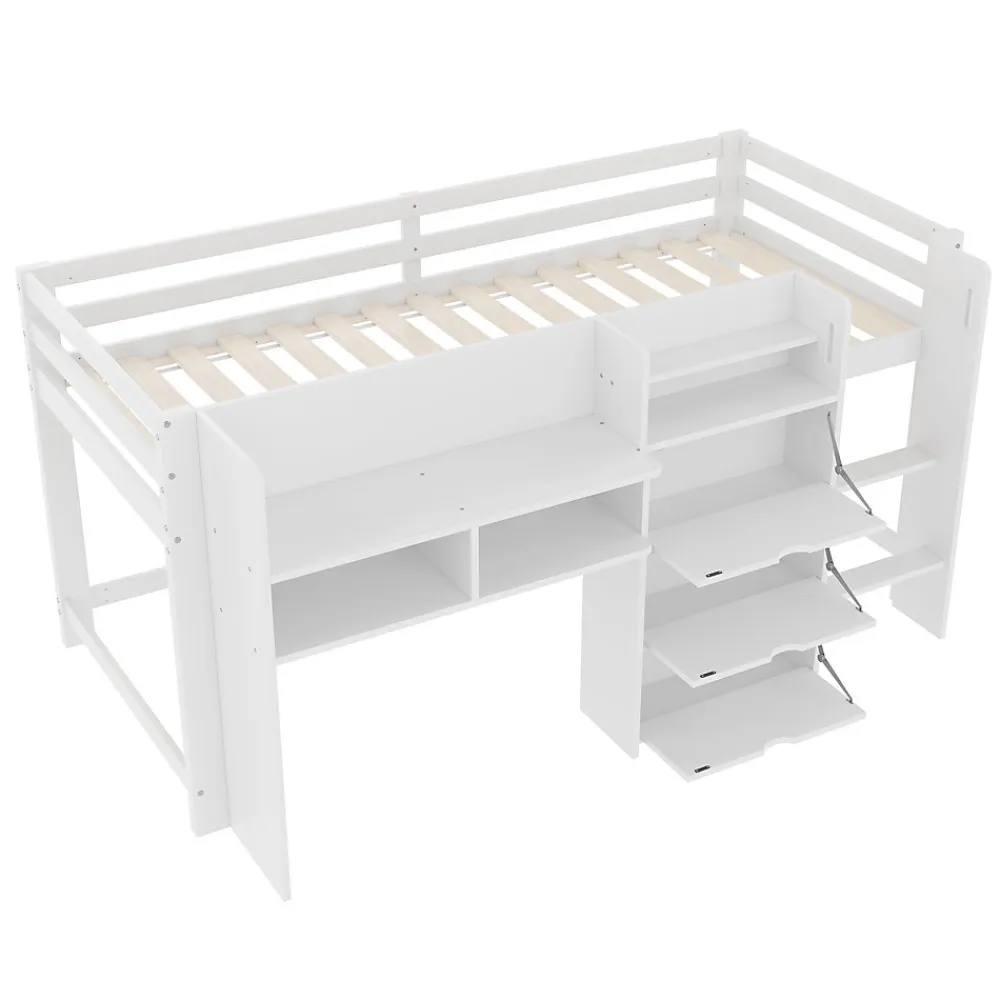 Lit enfant 90x200 cm - Lit simple Mi-Hauteur avec Cabane et Multiples Espaces de Rangement Pratiques - Bois Pin MDF - Blanc>Okwish Discount