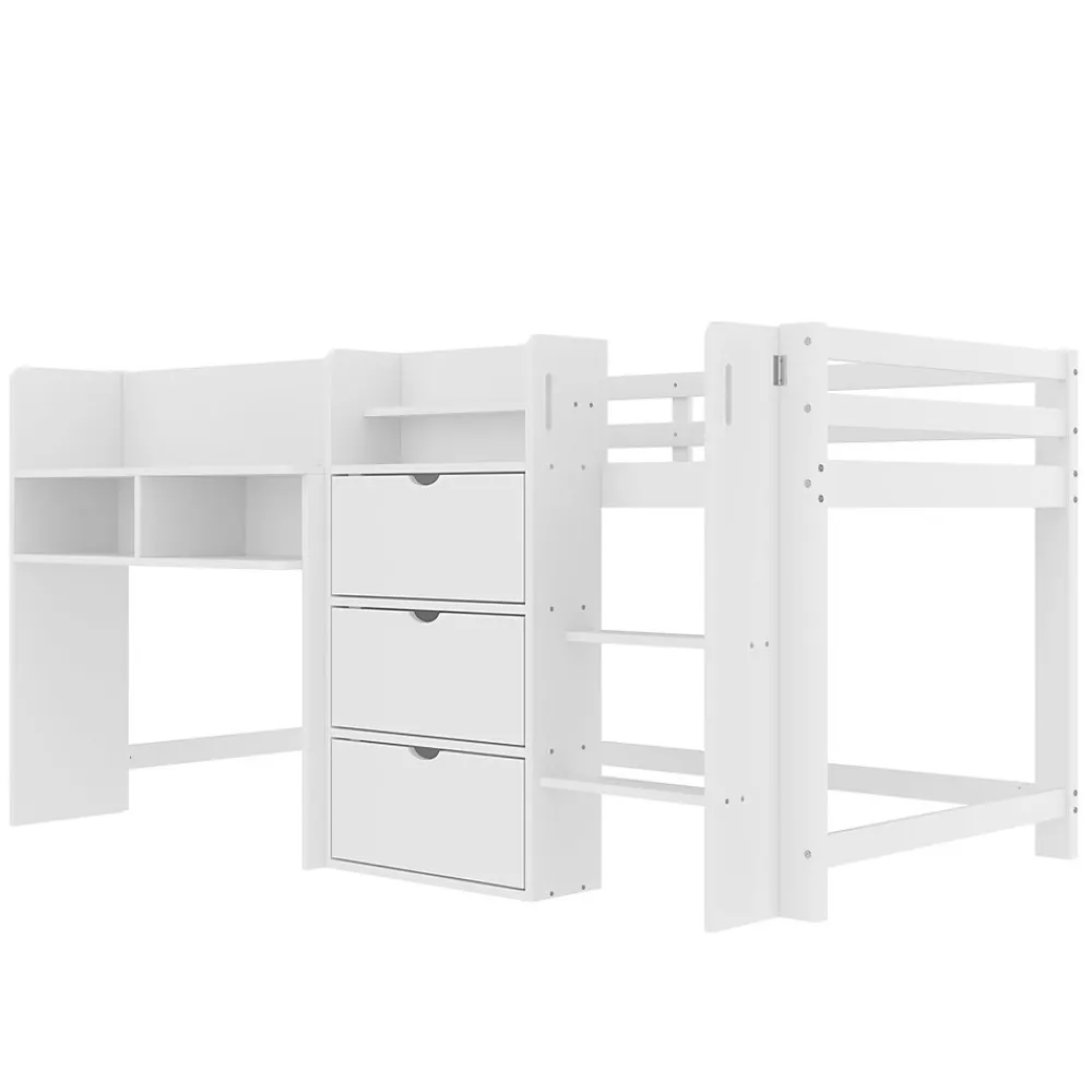 Lit enfant 90x200 cm - Lit simple Mi-Hauteur avec Cabane et Multiples Espaces de Rangement Pratiques - Bois Pin MDF - Blanc>Okwish Discount