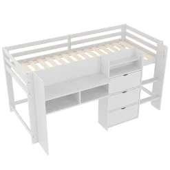 Lit enfant 90x200 cm - Lit simple Mi-Hauteur avec Cabane et Multiples Espaces de Rangement Pratiques - Bois Pin MDF - Blanc><noscript><img width=