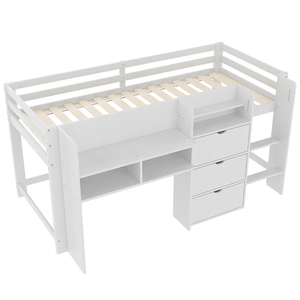 Lit enfant 90x200 cm - Lit simple Mi-Hauteur avec Cabane et Multiples Espaces de Rangement Pratiques - Bois Pin MDF - Blanc>Okwish Discount