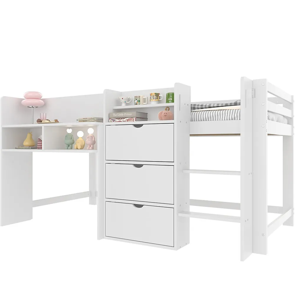 Lit enfant 90x200 cm - Lit simple Mi-Hauteur avec Cabane et Multiples Espaces de Rangement Pratiques - Bois Pin MDF - Blanc>Okwish Discount
