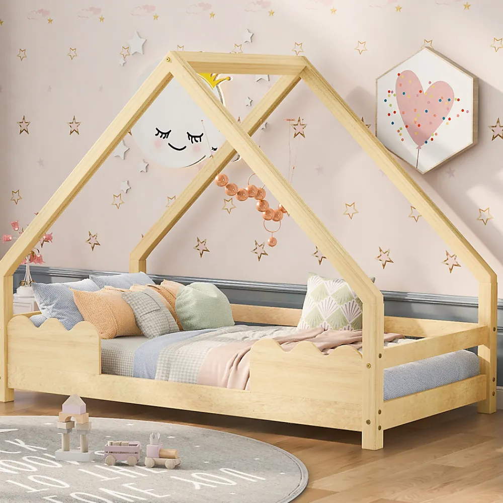 Lit Enfant 90x200 cm - Lit Simple Forme Maison avec Barrières de Sécurité - Sans Matelas - Bois Massif Naturel>Okwish Clearance