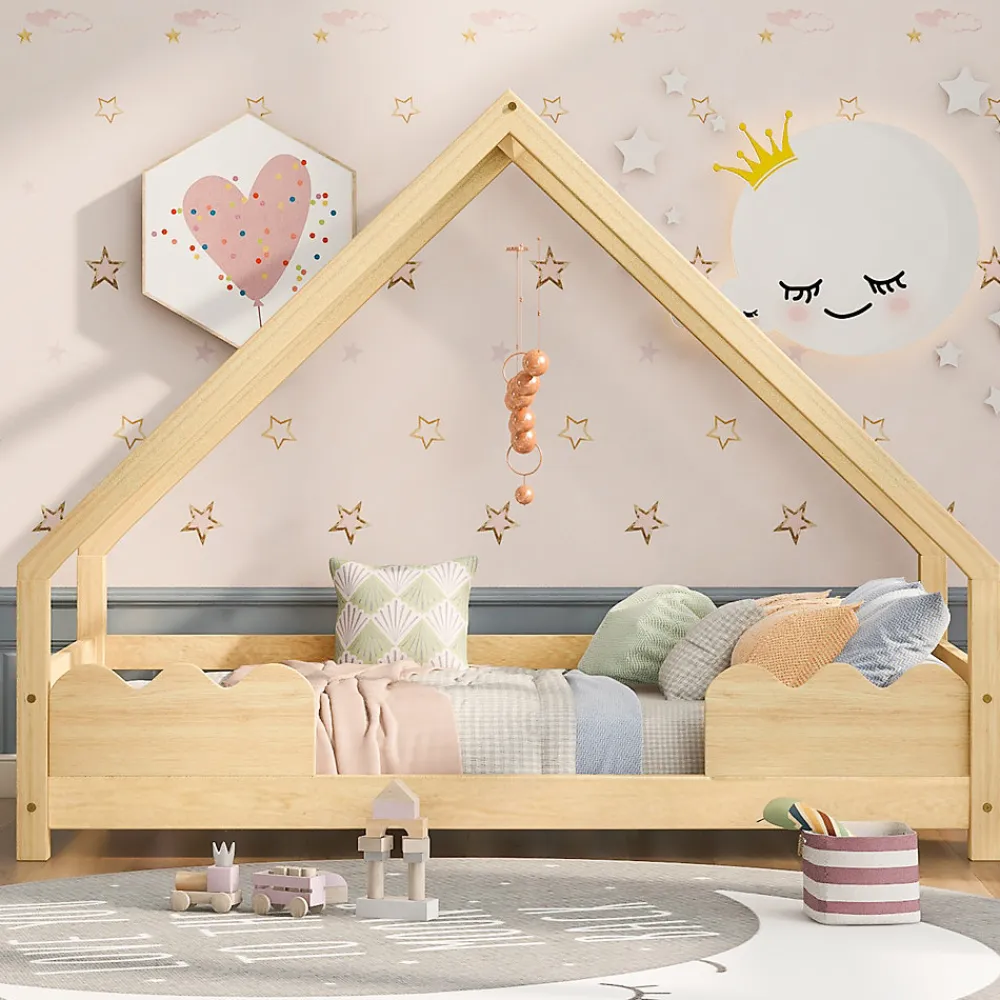 Lit Enfant 90x200 cm - Lit Simple Forme Maison avec Barrières de Sécurité - Sans Matelas - Bois Massif Naturel>Okwish Clearance