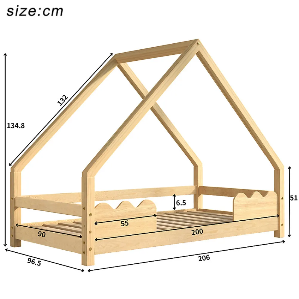 Lit Enfant 90x200 cm - Lit Simple Forme Maison avec Barrières de Sécurité - Sans Matelas - Bois Massif Naturel>Okwish Clearance