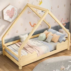 Lit Enfant 90x200 cm - Lit Simple Forme Maison avec Barrières de Sécurité - Sans Matelas - Bois Massif Naturel><noscript><img width=