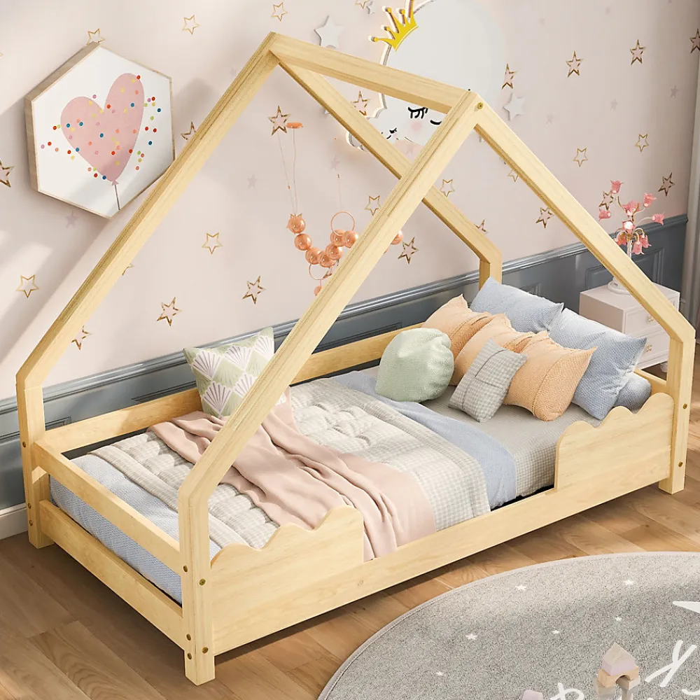 Lit Enfant 90x200 cm - Lit Simple Forme Maison avec Barrières de Sécurité - Sans Matelas - Bois Massif Naturel>Okwish Clearance
