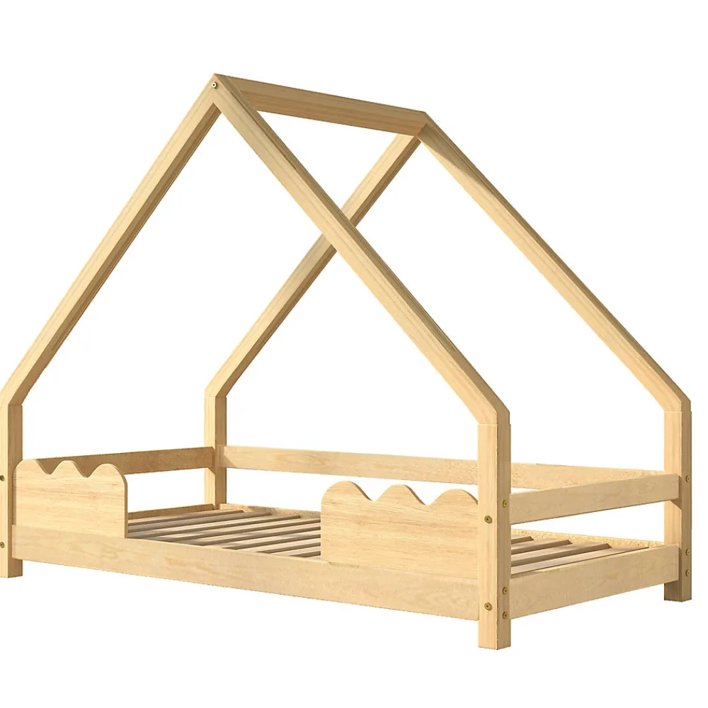 Lit Enfant 90x200 cm - Lit Simple Forme Maison avec Barrières de Sécurité - Sans Matelas - Bois Massif Naturel>Okwish Clearance