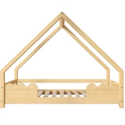 Lit Enfant 90x200 cm - Lit Simple Forme Maison avec Barrières de Sécurité - Sans Matelas - Bois Massif Naturel><noscript><img width=