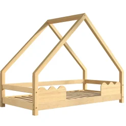 Lit Enfant 90x200 cm - Lit Simple Forme Maison avec Barrières de Sécurité - Sans Matelas - Bois Massif Naturel><noscript><img width=
