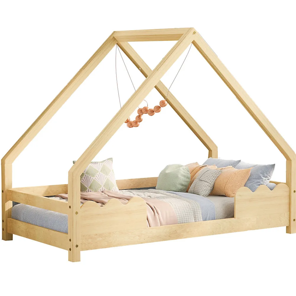 Lit Enfant 90x200 cm - Lit Simple Forme Maison avec Barrières de Sécurité - Sans Matelas - Bois Massif Naturel>Okwish Clearance