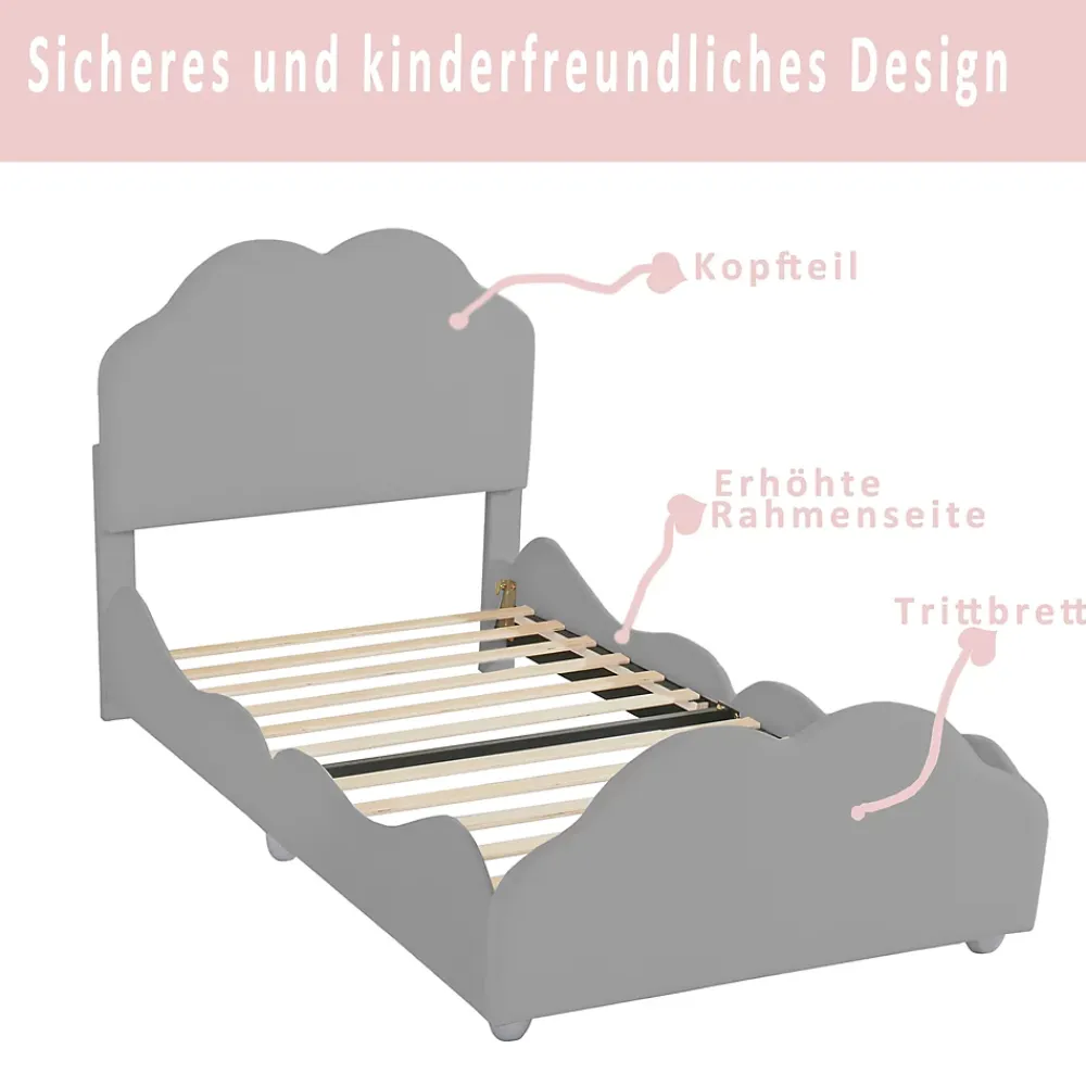 Okwish Lit enfant 90x200 cm - Lit Simple Capitonné avec Tête et Pied de Lit en Forme de Nuage, Velours Doux, Sans Matelas - Gris*Enfant Lit Enfant