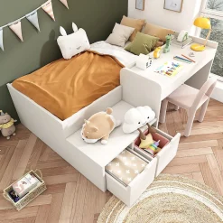 Lit enfant 90x200 cm - Lit simple avec bureau intégré et tiroirs de rangement - Bois massif, pin et MDF - Blanc - Sans matelas>Okwish Discount