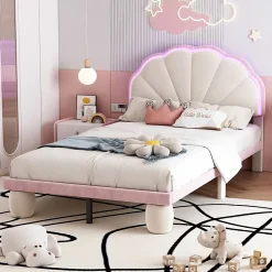 Okwish Lit enfant 90x200 cm - Lit Simple avec LED Multicolores, Pieds Ronds Capitonnés, Velours, Sans Matelas - Beige et Rose*Enfant Lit Enfant