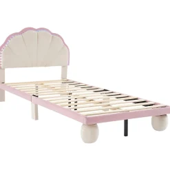 Okwish Lit enfant 90x200 cm - Lit Simple avec LED Multicolores, Pieds Ronds Capitonnés, Velours, Sans Matelas - Beige et Rose*Enfant Lit Enfant