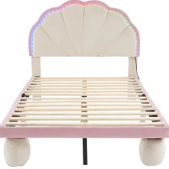 Okwish Lit enfant 90x200 cm - Lit Simple avec LED Multicolores, Pieds Ronds Capitonnés, Velours, Sans Matelas - Beige et Rose*Enfant Lit Enfant