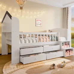 Okwish Lit enfant 90x200 cm - Lit simple Mi-Hauteur avec Cabane, Fenêtre, Tiroirs de Rangement et Éclairage LED - Bois MDF - Blanc*Enfant Lit Enfant