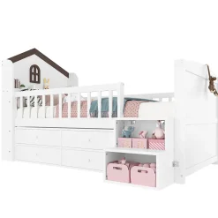 Okwish Lit enfant 90x200 cm - Lit simple Mi-Hauteur avec Cabane, Fenêtre, Tiroirs de Rangement et Éclairage LED - Bois MDF - Blanc*Enfant Lit Enfant