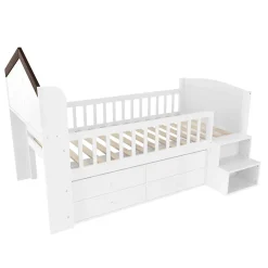 Okwish Lit enfant 90x200 cm - Lit simple Mi-Hauteur avec Cabane, Fenêtre, Tiroirs de Rangement et Éclairage LED - Bois MDF - Blanc*Enfant Lit Enfant