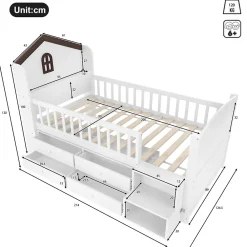 Okwish Lit enfant 90x200 cm - Lit simple Mi-Hauteur avec Cabane, Fenêtre, Tiroirs de Rangement et Éclairage LED - Bois MDF - Blanc*Enfant Lit Enfant