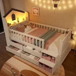 Okwish Lit enfant 90x200 cm - Lit simple Mi-Hauteur avec Cabane, Fenêtre, Tiroirs de Rangement et Éclairage LED - Bois MDF - Blanc*Enfant Lit Enfant