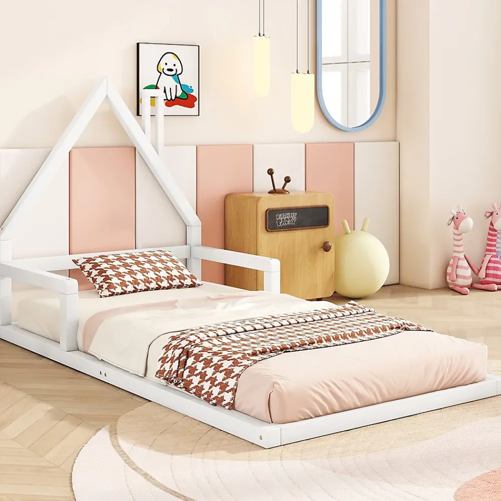 Okwish Lit enfant 90x200 cm - Lit Simple en Pin Massif et MDF, Structure Solide avec 7 Lattes, Sans Matelas, Blanche*Enfant Lit Enfant