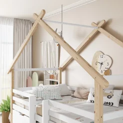 Okwish Lit enfant 90x200 cm - Lit Simple Cabane avec Escalier et 2 Rangements, Sans Matelas - Pin Blanc et Naturel*Enfant Lit Enfant