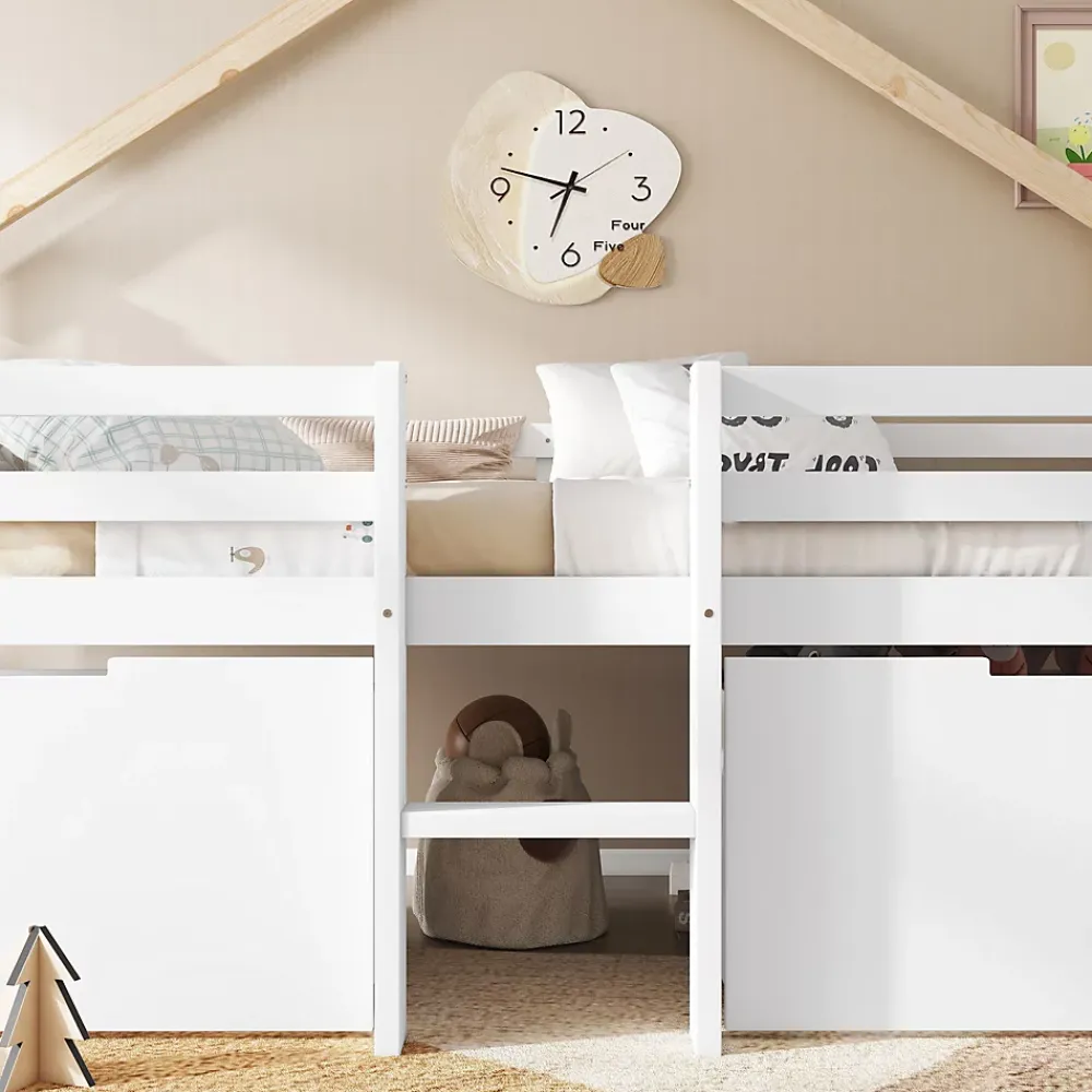 Okwish Lit enfant 90x200 cm - Lit Simple Cabane avec Escalier et 2 Rangements, Sans Matelas - Pin Blanc et Naturel*Enfant Lit Enfant