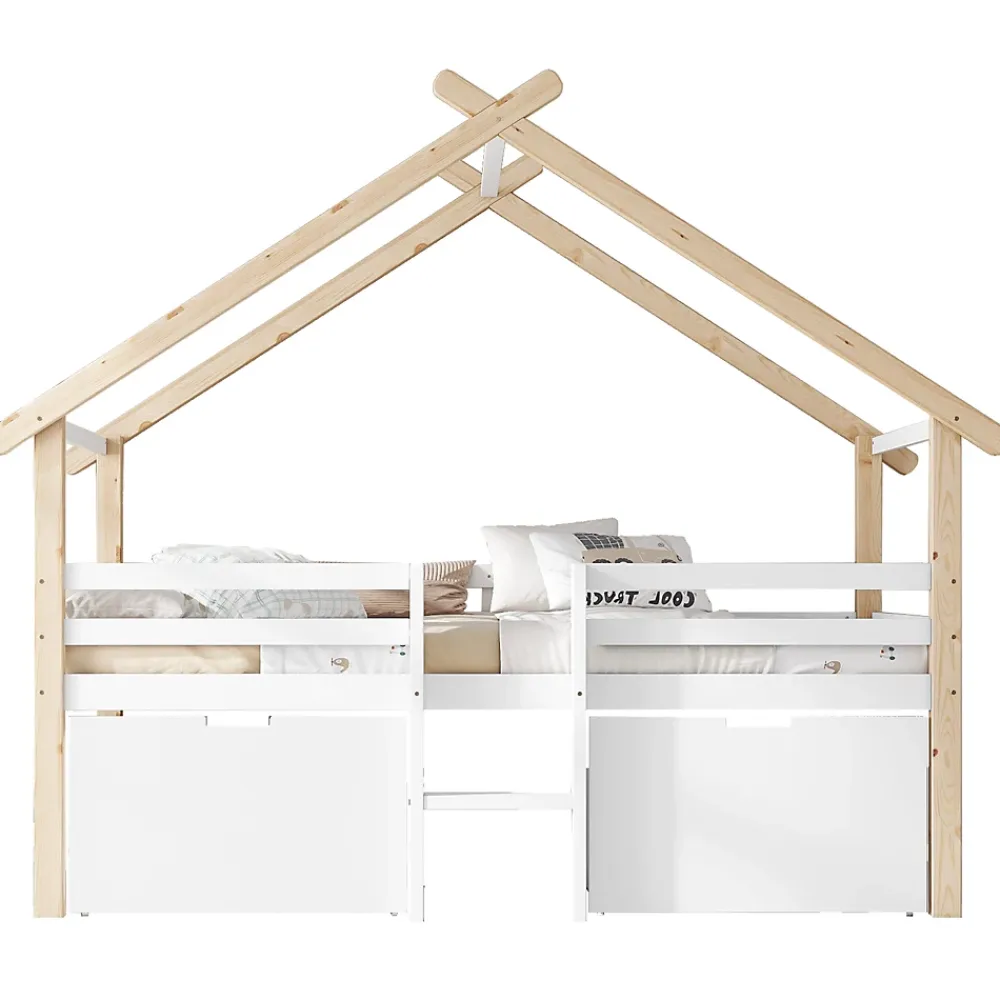 Okwish Lit enfant 90x200 cm - Lit Simple Cabane avec Escalier et 2 Rangements, Sans Matelas - Pin Blanc et Naturel*Enfant Lit Enfant