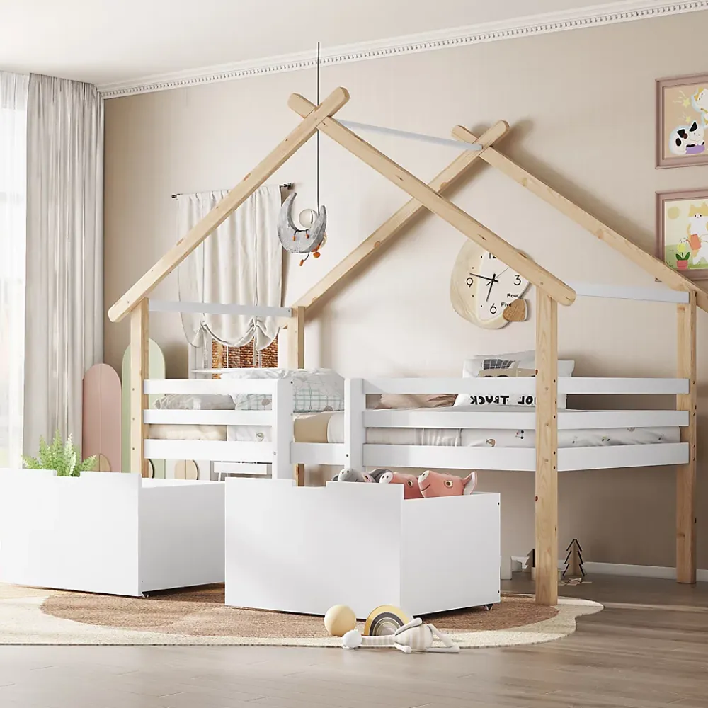 Okwish Lit enfant 90x200 cm - Lit Simple Cabane avec Escalier et 2 Rangements, Sans Matelas - Pin Blanc et Naturel*Enfant Lit Enfant