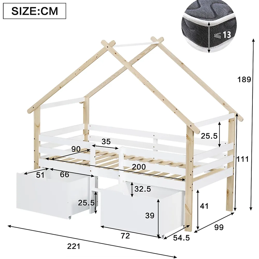 Okwish Lit enfant 90x200 cm - Lit Simple Cabane avec Escalier et 2 Rangements, Sans Matelas - Pin Blanc et Naturel*Enfant Lit Enfant