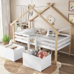 Okwish Lit enfant 90x200 cm - Lit Simple Cabane avec Escalier et 2 Rangements, Sans Matelas - Pin Blanc et Naturel*Enfant Lit Enfant